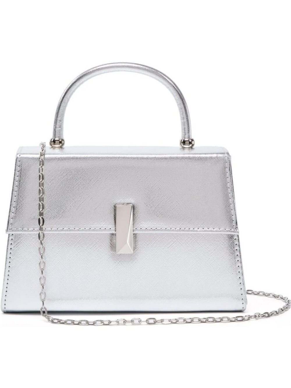 Womens Silver PU Leather Top Handle Clutch Clasp Evening Party Handbag